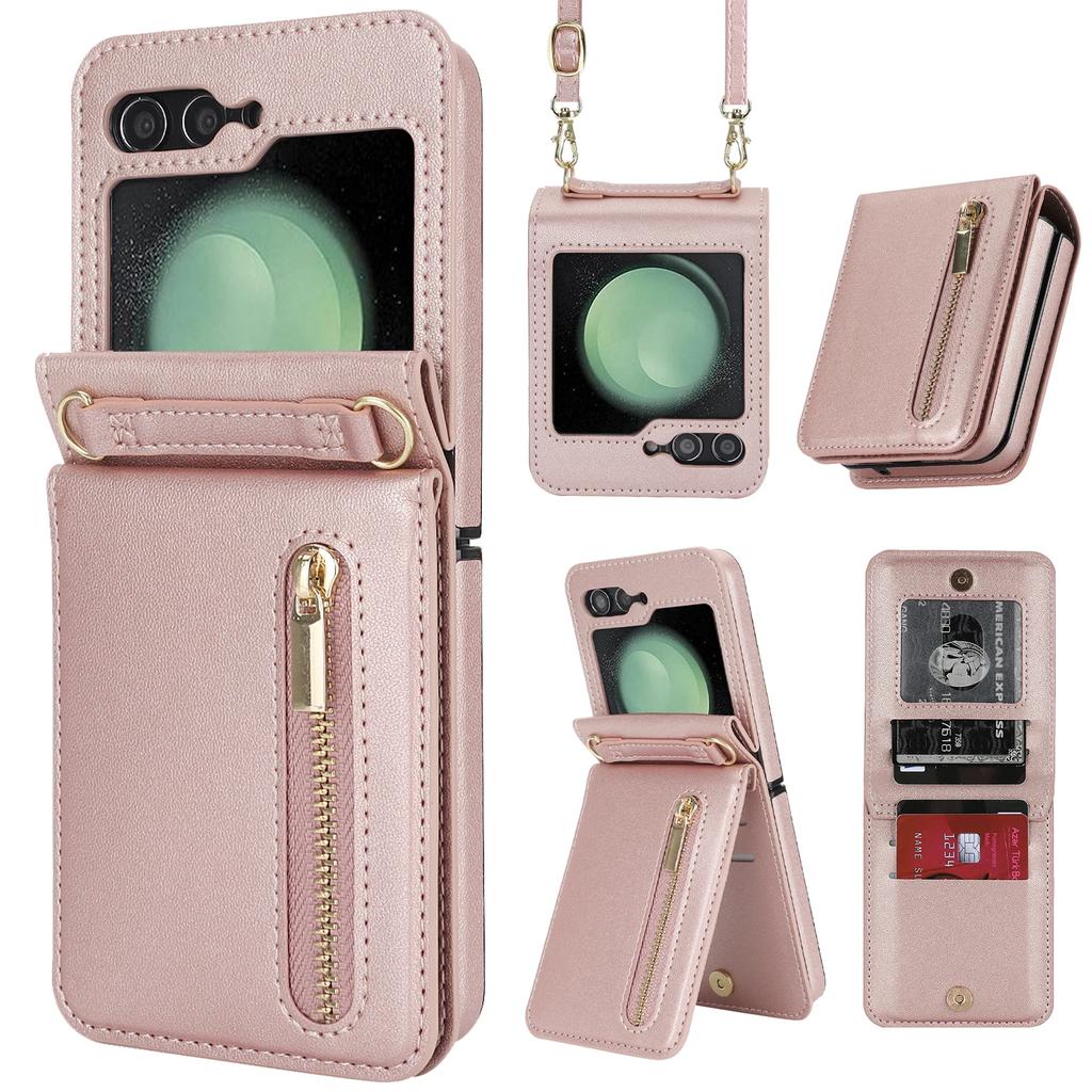 Zipper Wallet Vertical Cards Solt Crossbody Case for Samsung Galaxy Z Flip 7 SE 6 5 4 Shoulder Strap Lanyard Holder Purse Cover