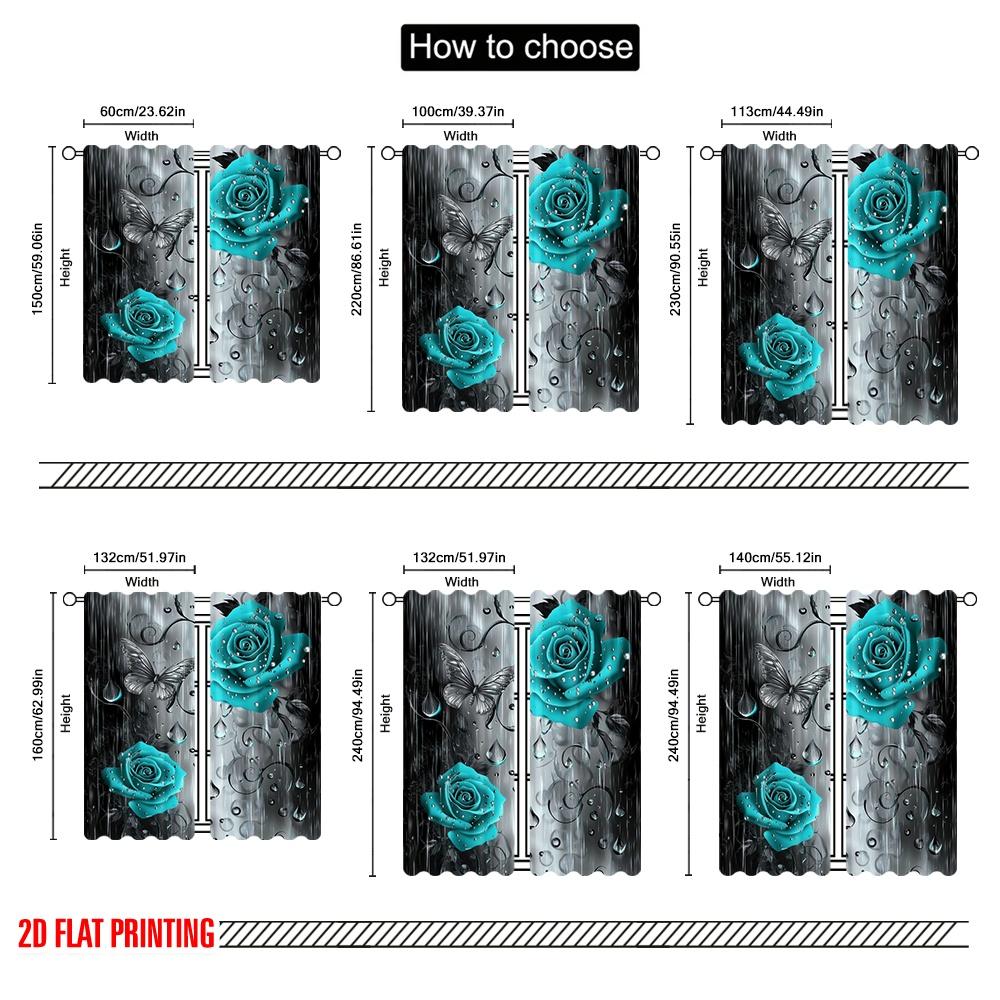 2pcs Window Drapes Turquoise Floral Raindrops Versatile Durable Polyester,Without Electricity Family Party Decoration for