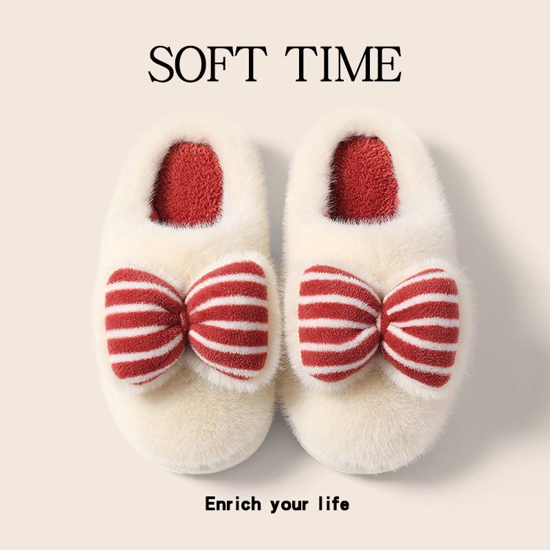 Bow Cotton Slippers Women's Autumn and Winter Indoor Home Cute Plush Thick Bottom Household Cotton Drag Women