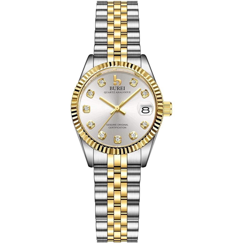 BUREI Women s Analog Quartz Watch Silver Stainless Steel Waterproof Diamond Dial Business Style