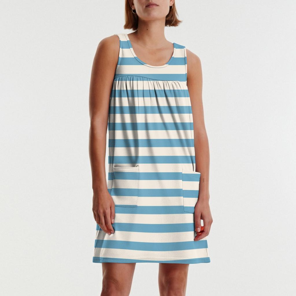 Dámské ležérní a módní šaty bez rukávů s kulatým výstřihem, volného střihu, s potiskem a kapsou