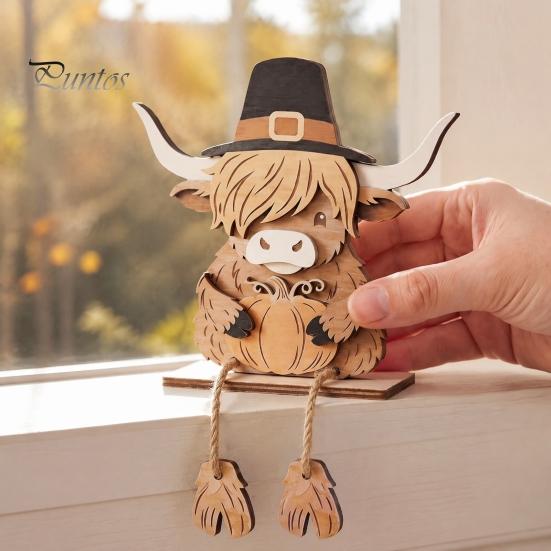 Handgefertigte Holz-Feiertags-Tischdekorationen Halloween Kürbis Vogelscheuche Schottische Hochlandrind-Figuren, Niedliche Hängende Bein-Ornamente, Langlebiges Erntedankfest