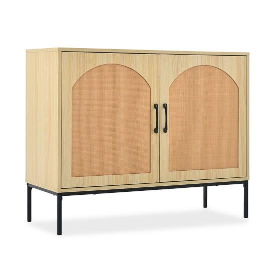 Shoe Cabinet with 2 Rattan Doors and 5 Shelves, Hallway Shoe Cabinet with Wood Handles and Solid Wood Legs