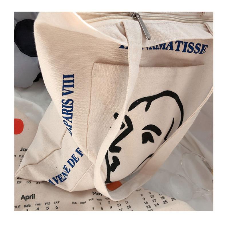 Simple female avatar printed canvas bag shoulder bag outer pocket cloth bag commute