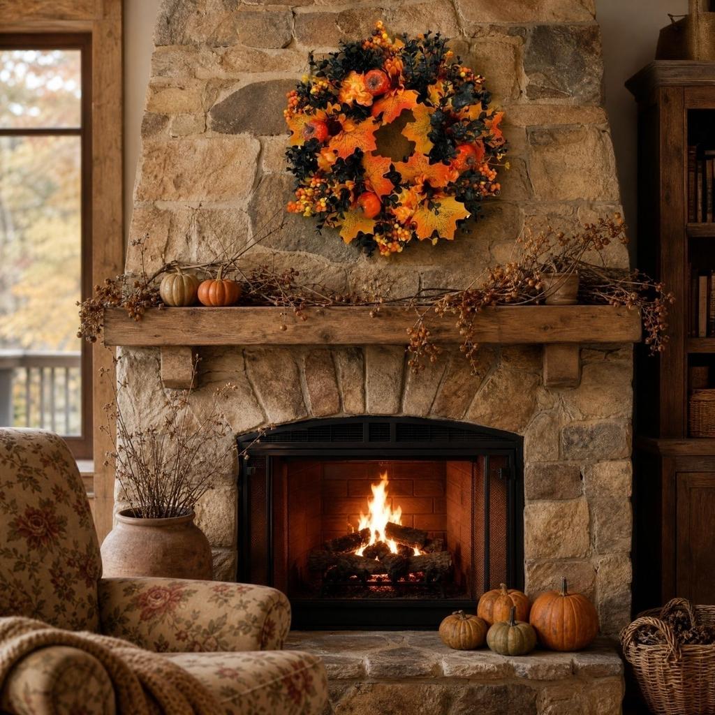 Artificial Fall Wreath 40 cm with Pumpkins, Berries and Maple Leaves for Thanksgiving Front Door Decoration