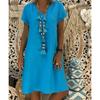 V Neck Short Sleeve Summer Dress Women Solid Color Cotton Linen 2023 European American Fashion
