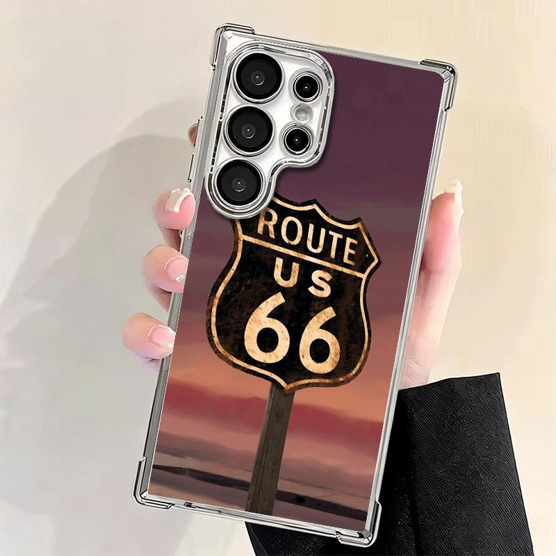 America Route 66 Plating Phone Case For Samsung Galaxy S24 S25 FE S26 Edge S23 Ultra S22 S21 Plus S20 Anti-Fall Airabag Cover