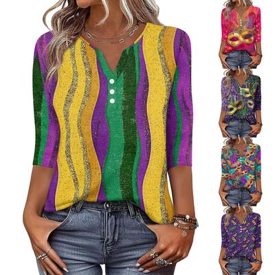 Damen T-Shirt mit Aufdruck, Knopfleiste, 3/4-Ärmel, für den Alltag, Wochenendmode, Basic, V-Ausschnitt, normales Oberteil