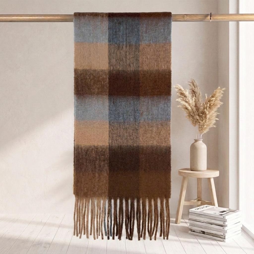 Women's High-Grade Colorful Plaid Mohair Scarf - Thick, Warm, and Versatile for Winter