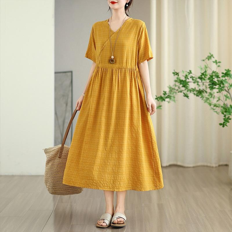 Short sleeve Plus size Cotton linen vintage plaid new in dresses for women casual loose long summer dress