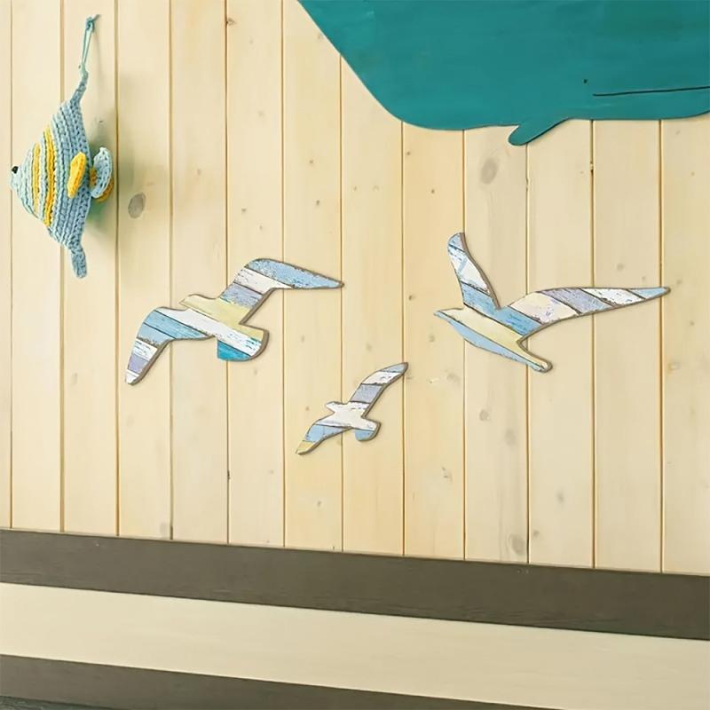 3-Piece Set Wooden Seagull Wall Decorations Nautical Coast Theme Retro Beach Marine Bird Living Room Bedroom Decoration
