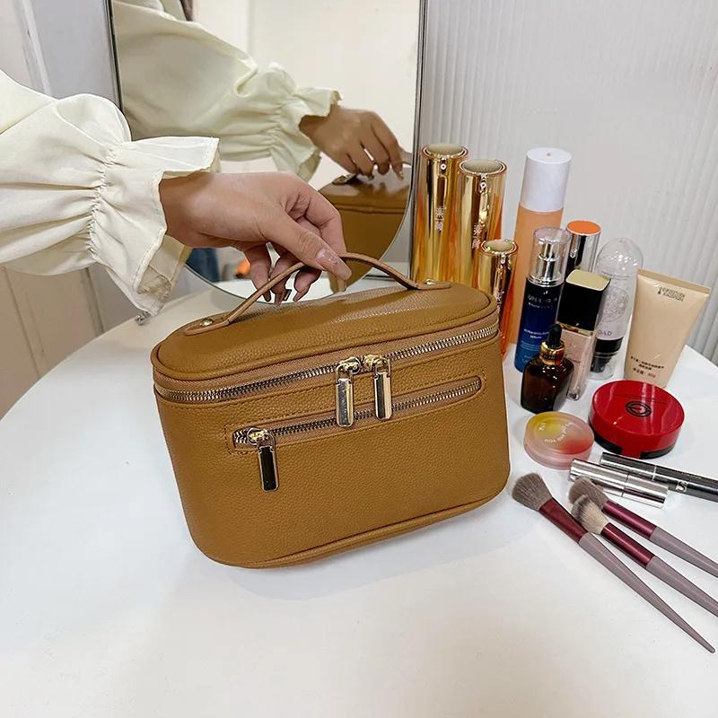 

Double Zipper Travel Makeup Bag for Women Cosmetic Bag Portable Large Capacity Makeup Bag Storage Organizer Leather Toiletry Bag коричневий