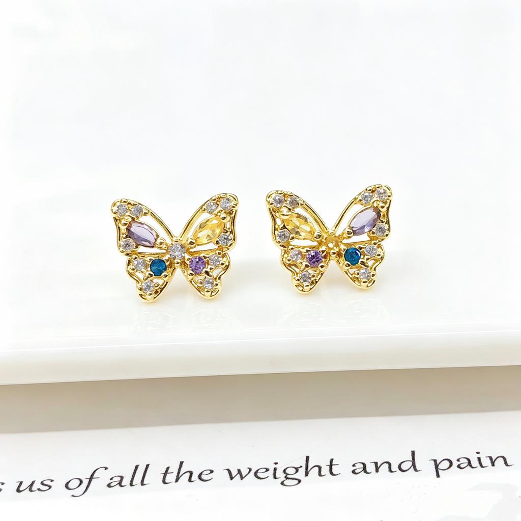 High-Quality Gold Plated Colorful CZ Butterfly Stud Earrings for Women Multi Crystal Cute Animal Earrings Fashion Party Jewelry