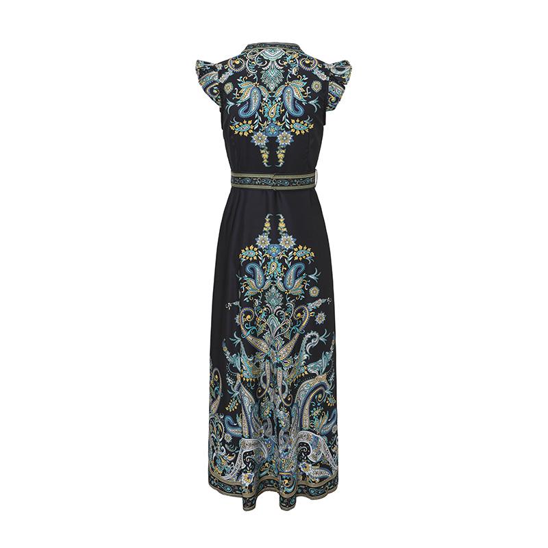 2026 Spring/Summer New Arrival Retro Ethnic-Style Cap Sleeves Printed Long Maxi Dress for Women with Belt
