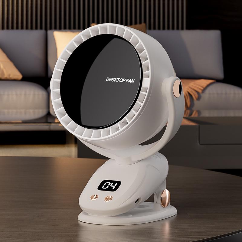 

Silent Leafless Mini Clip Fan with Automatic Oscillation and Circulation for Desktop or Dormitory Use Silent Low Noise, Clip-Stand, Smart Display
