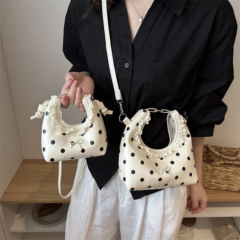 Polka Dot PU Leather Bag with Detachable Strap Lace Ruffled Handle Cute Bow Casual Purse for Daily Use