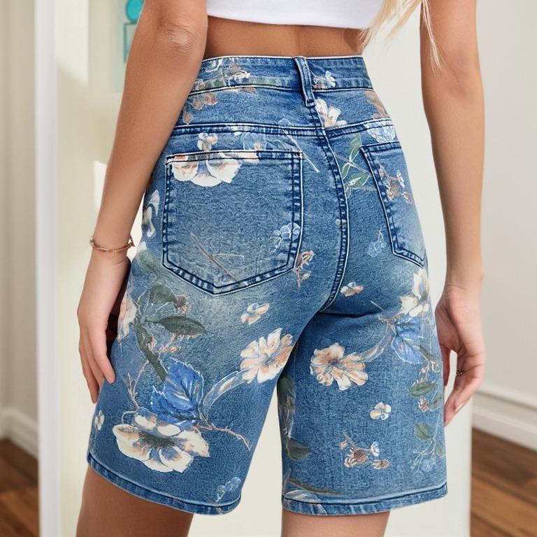 Kadın Denim Klasik Çok Yönlü Yüksek Bel Moda Şort