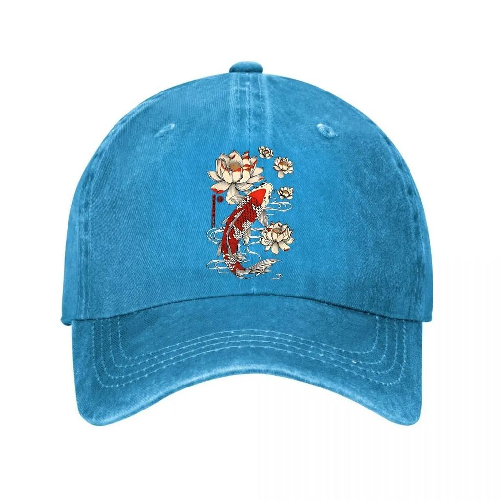 Koi-Fisch Lotus Grafik Gewaschene Baumwolle Baseballkappe Verstellbar Streetwear Hut