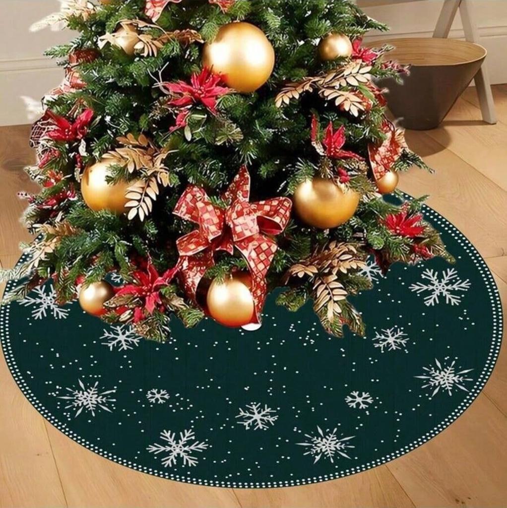 Christmas Carpet Tree Skirt, Green Background Snowflake Polka Dot Pattern Carpet Indoor And Outdoor Floor Decoration