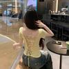 Backless Strap Lace Splicing V-neck Short-sleeved T-shirt Slim Kink Pure Desire Short Yellow Careful Machine Top