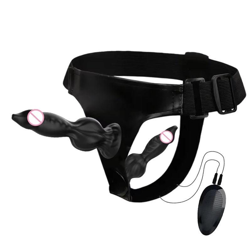 Wired Remote Vibrating Double Penetration Strap On Harness Realistic Silicone Dildo Panties Adjustable for Couples Pegging Anal