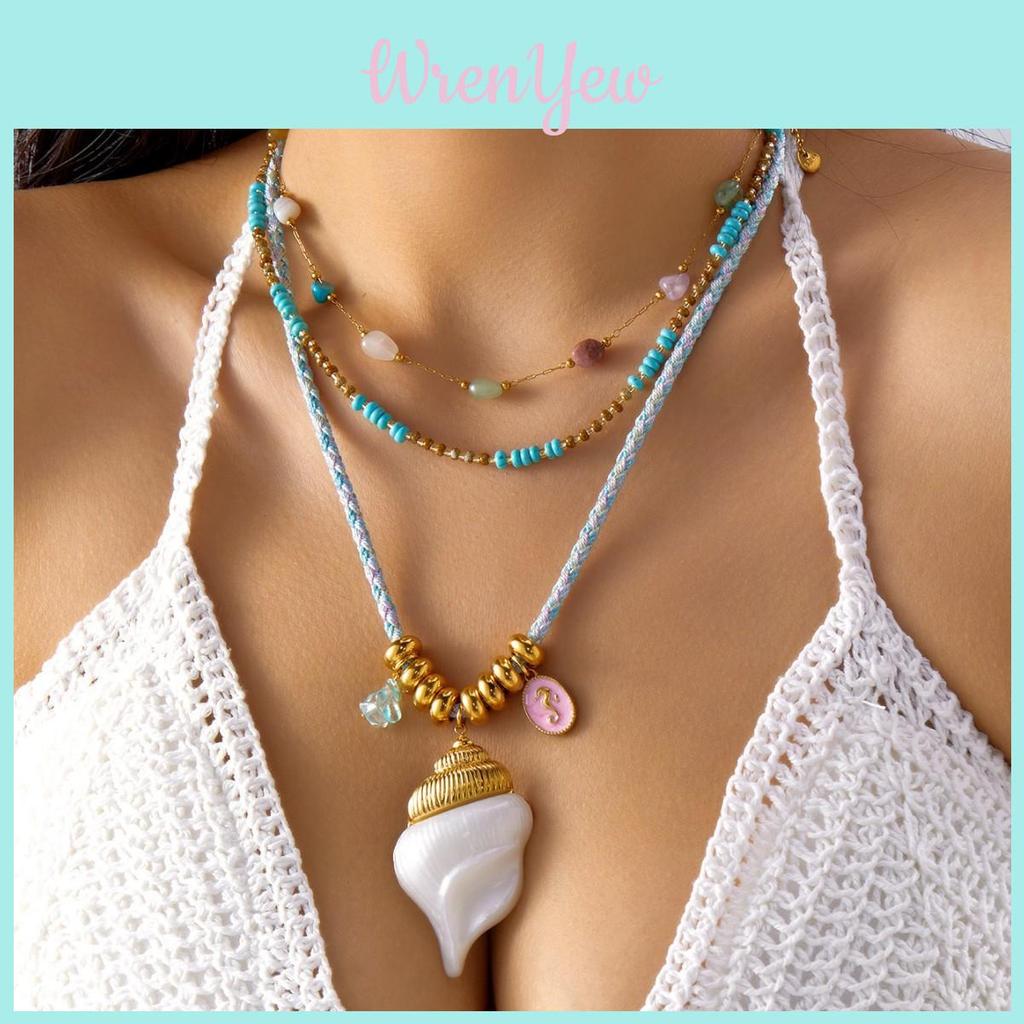 Bohemian Turquoise Shell Pendant Necklace With Stainless Steel Chain For Summer Vacation Style