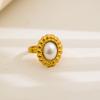 Bohemia Retro Gold Color Stainless Steel Artificial Pearl Shell Cameo Green Opal Stone Open Adjustable Rings for Women Jewelry