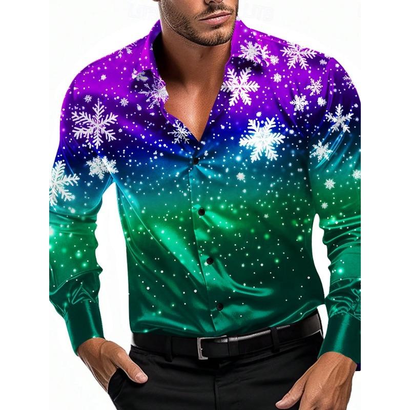 Camicie da Uomo a Tema Natalizio con Stampa Alberi di Natale Grafiche Degradé Fiocchi di Neve Camicie a Manica Lunga Button-Up Top alla Moda