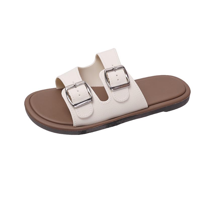Women's Summer Soft Bottom Double Strap Sandals - Trendy Square Buckle Beach Slippers
