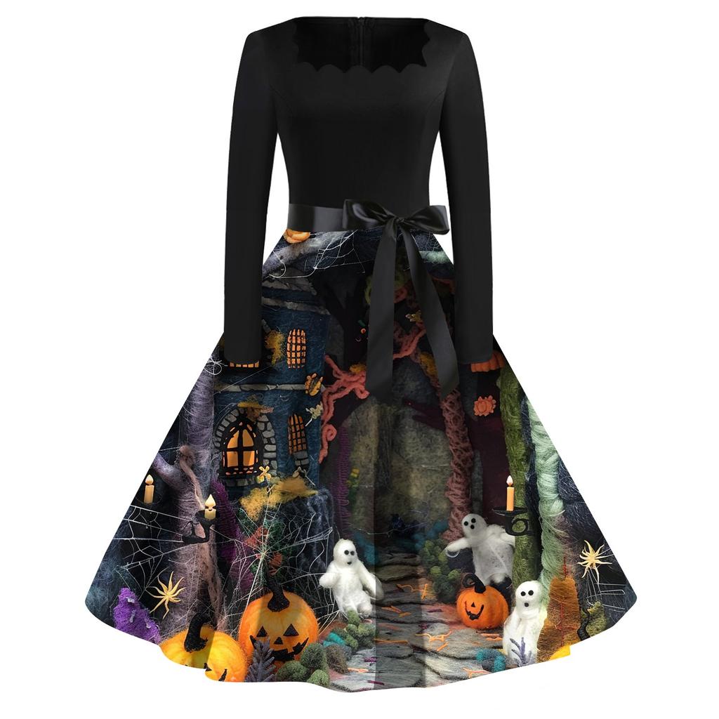 Women's Casual Fashion Halloween Printed Square Neck Vintage Dress