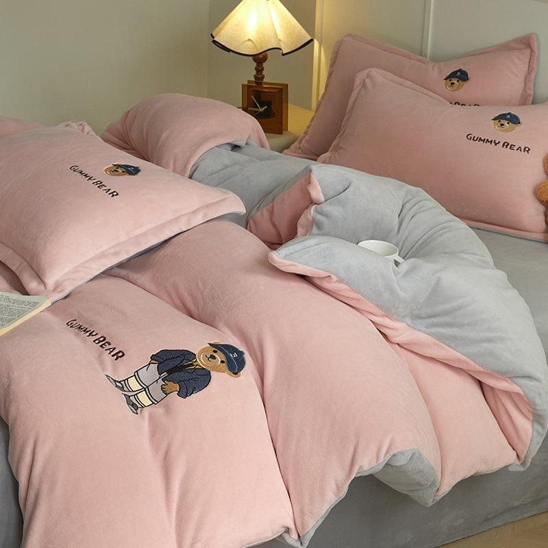 Thickened Milk Fleece Four-Piece Children'S Coral Flannel Quilt Cover, Bed Sheet Fleece Embroidery Bedding