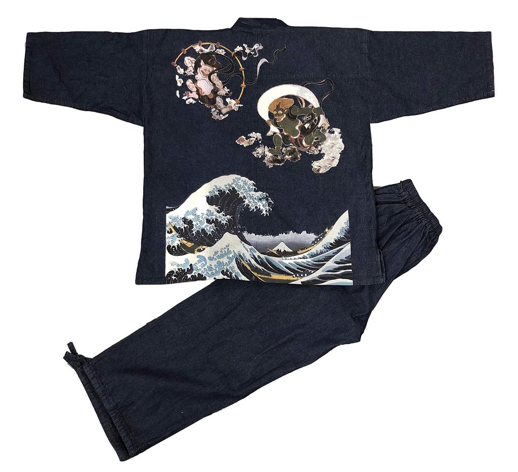 Samue denim fabric Sturdy yet soft Samue patterned all year round Wind God and Thunder God Wave Navy L [Edoten] (100% cotton) Men's