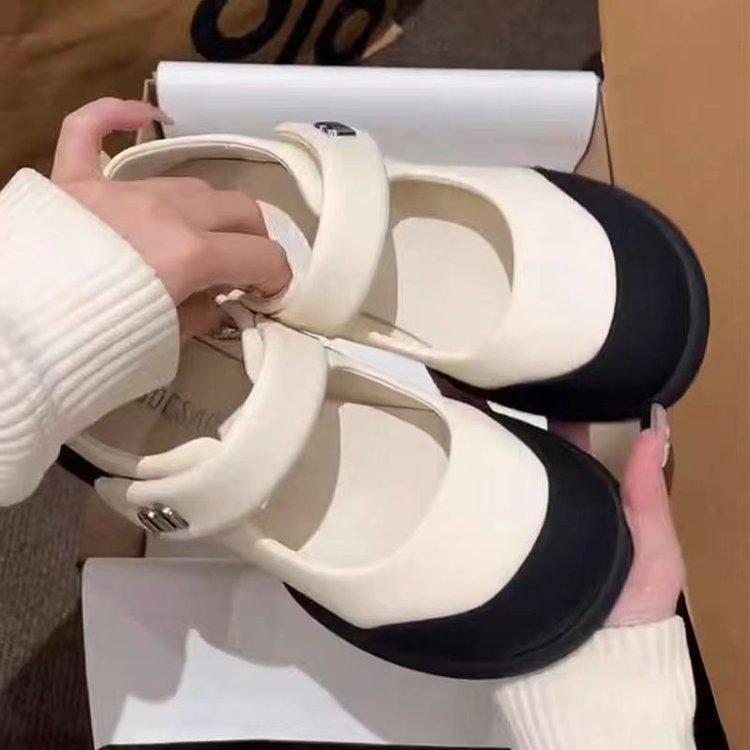 Thick-soled shallow-mouth single shoes women's 2025 spring and summer niche Velcro shoes, foreign-style round head soft-soled Mary Jane shoes