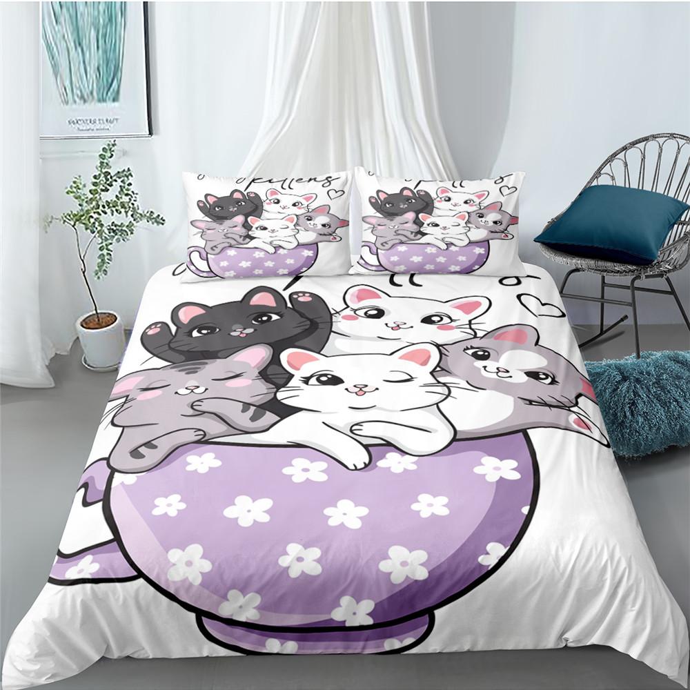 Classic Modern Cartoon Cat for Kids Girl Polyester Kitten 2 3pcs Animal Single Twin Queen King Quilt
