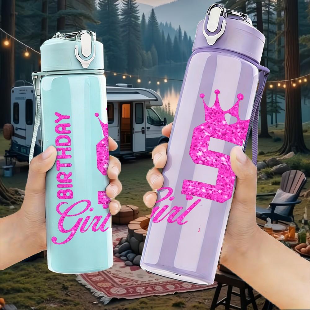 1PC 5 Birthday Girl Pink Crown Print 750ml Color Plastic Sports Water Bottle Leakproof Flip Straw Lid Suitable for Sports Office Home Use
