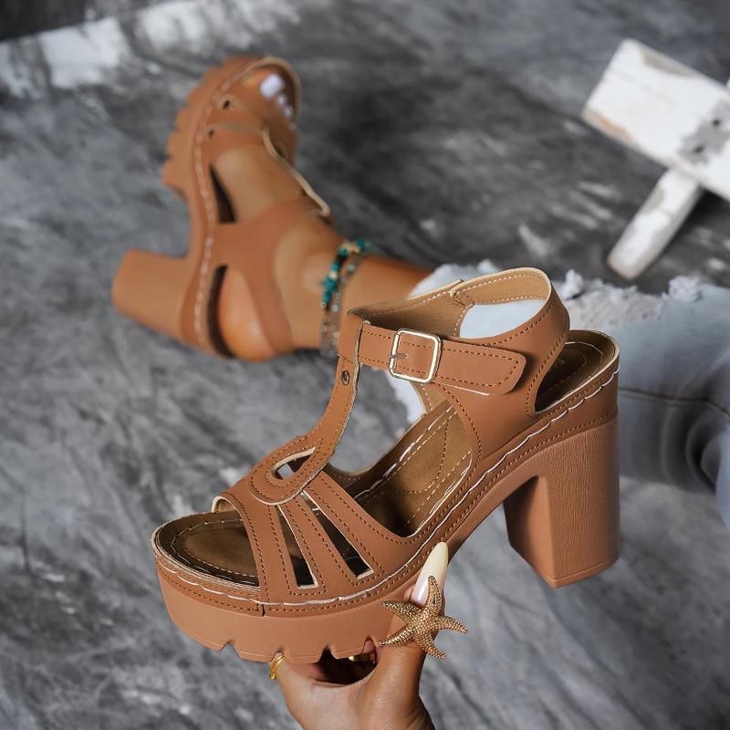 Ethnic Style Roman Line Sandals Summer Casual European American Thick Heels Women's High Heels