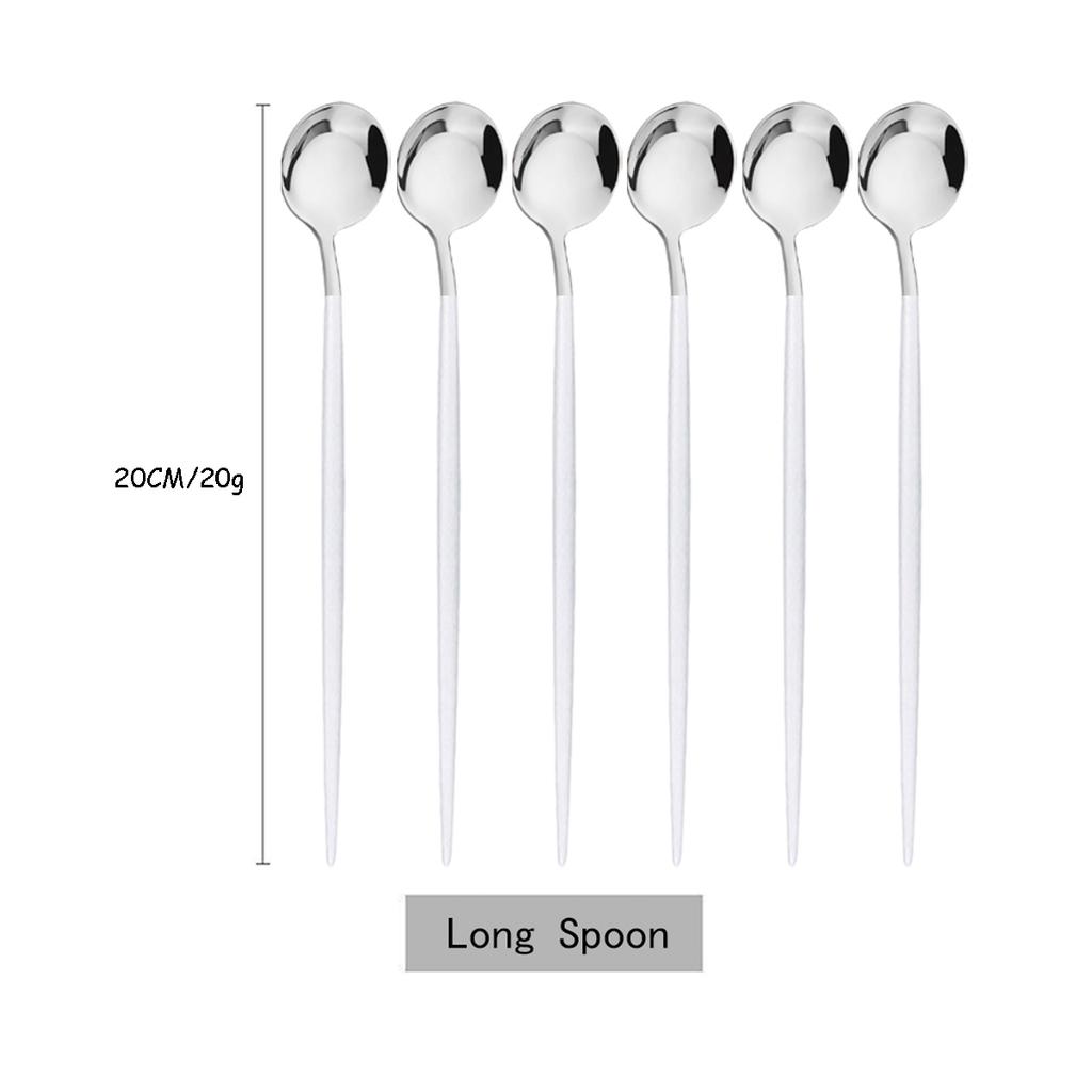 6Pcs White Silver Cutlery Set Stainless Steel Dinnerware Tableware Dessert Knife Forks Long Handle Spoon Coffee Spoons Flatware