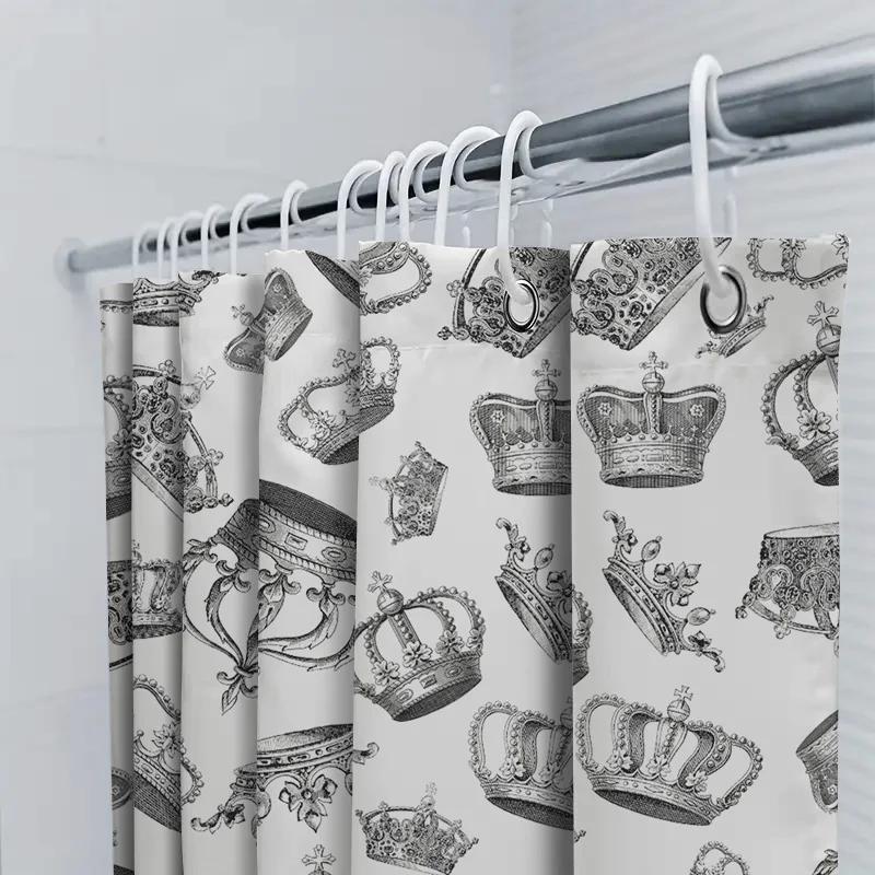 Luxurious Crown Print Shower Curtain Royal Decor For Bathroom White Black Vintage Design Size 180X230Cm (70 X 90) Easy Installat