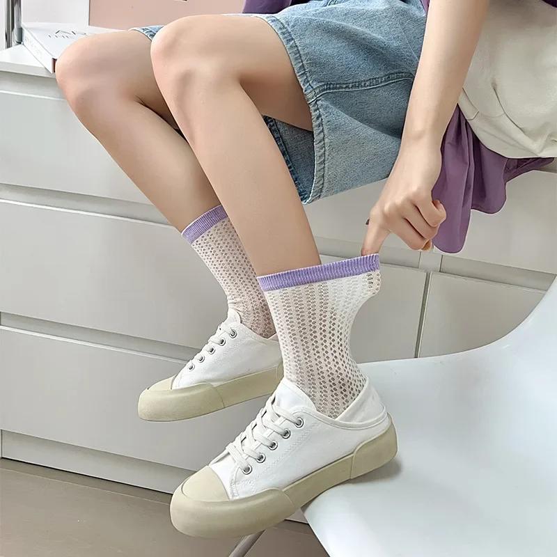 Summer Women Socks Hollow Out Mesh Thin Breathable Elastic Long Socks Korean Fashion Solid Color School Girls Crew Socks Women