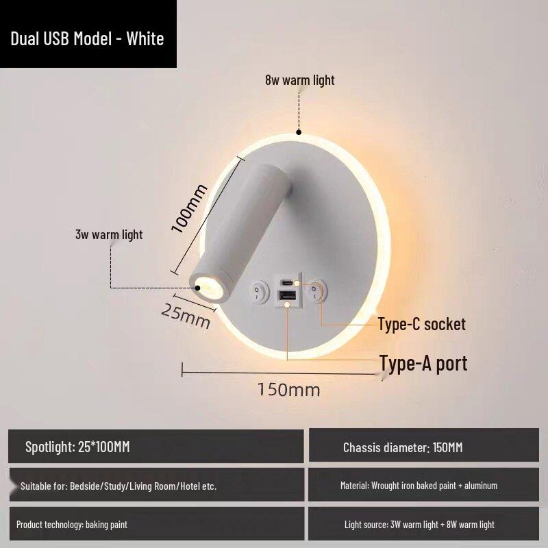 Modern Rotatable LED Bedside Wall Lamp with USB & Switch for Hotel Living Room