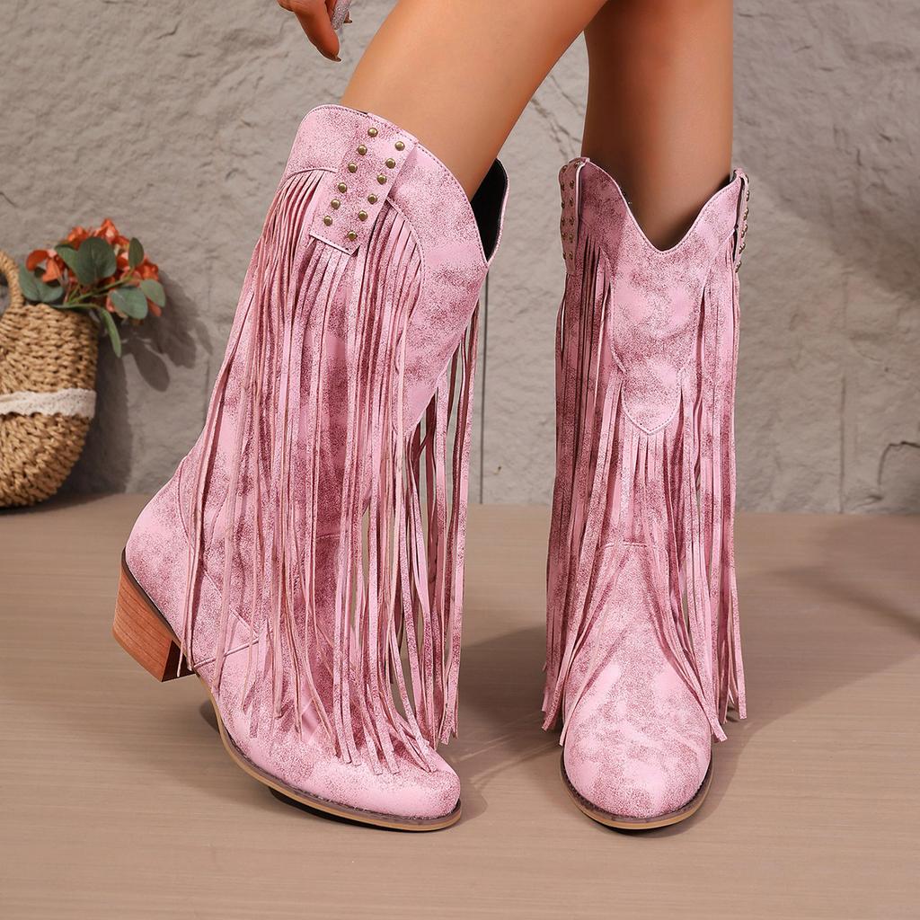 Autumn Fashion Women PU Plus Size Shoes for Women 36-43 Mid-calf Platform Tassel Pointed Toe Boots Casual Daily Footwear