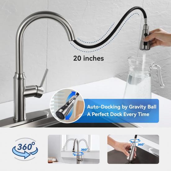 Arofa Kitchen Faucet with Pull Down Sprayer, Brushed Nickel Kitchen Sink Faucet 1-3 Hole Single Handle High Arc Stainless Steel Commercial Modern