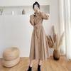 Korean Style Waist-Hugging Corduroy Shirt Dress - Women's Mid-Length, Single-Breasted, Long Sleeve, Over-the-Knee for Fall/Winter
