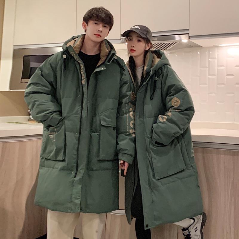 Mittellange Daunenjacke für Herren, hochwertige Winterkleidung für Paare, nationale Mode, lockere weiße Entendaunenjacke mit Kapuze für Herren