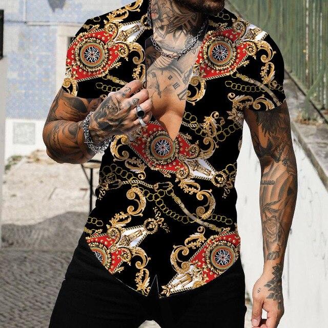 Pánské košile Krátké Luxusní košile s límečkem Lapel Prom Vysoce kvalitní topy Pánské oblečení Slim Fit Tričko 5xl Barokní potisk Volná trička