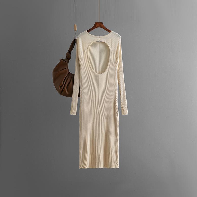 Fall Winter Lazy Wind Loose O-Neck Sweater Dress Women's Long Sleeve Knit Wide Back Hollow Out Dresses