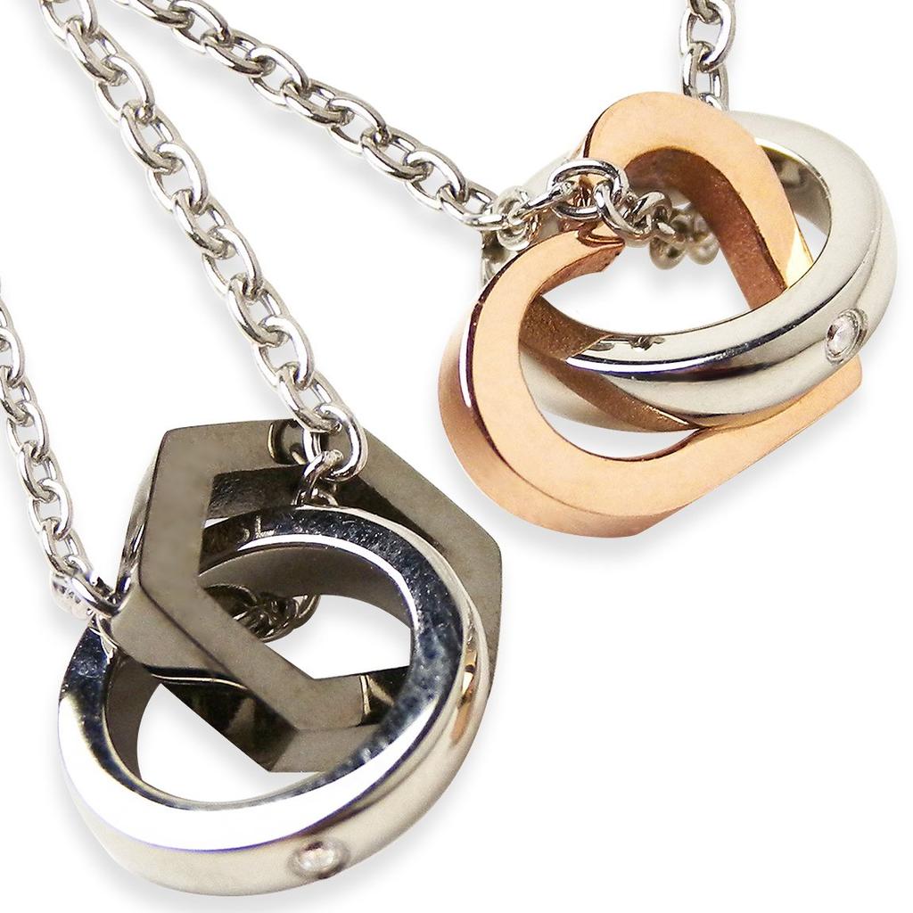 La Amore Eterno Pair Stainless Rose and Black Pendant with Azuki 50cm Necklace, Steel, Heart, Double-Row Zirconia, Gold, Chain, Women's 45cm, Men's