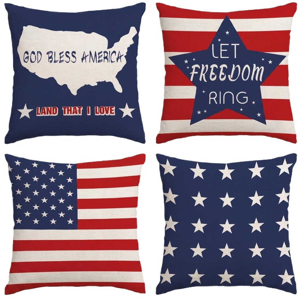 Set of 4 Decorative Throw Pillow Covers with Star and Stripe Print for Sofa Couch Bed Home Decor Holiday Theme 18x18 Inch Square Cushion Cases