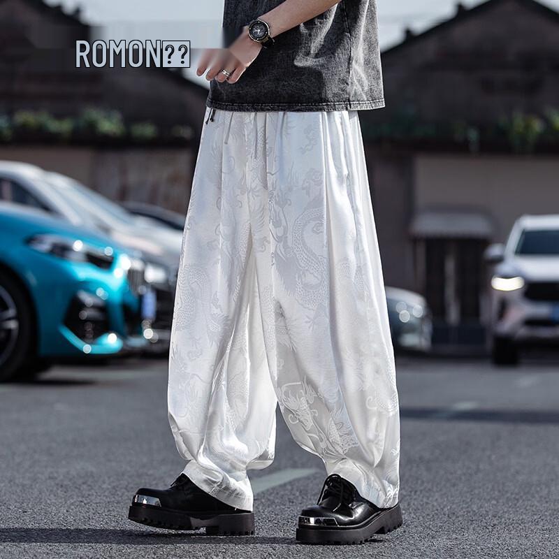 

Romon Men s Chinese Style Loose Fit Ice Silk Cropped Harem Pants 3XL