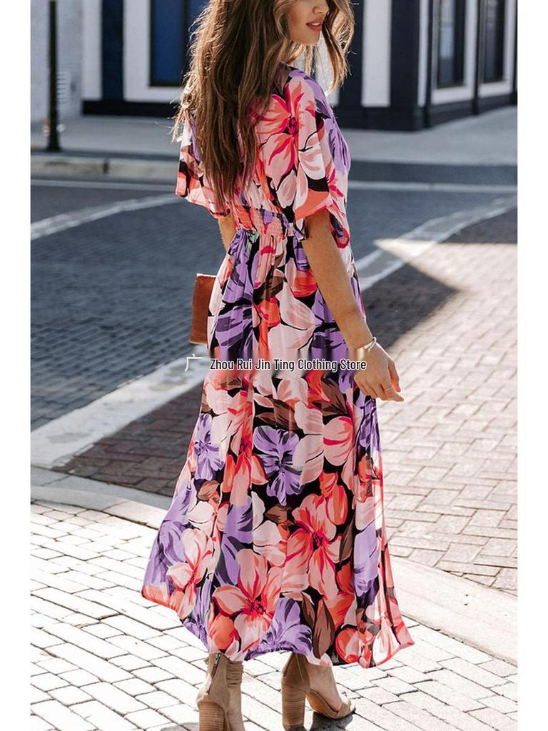 2026 Summer Floral V-Neck Dress: European & American Style, Slimming Fit for Women